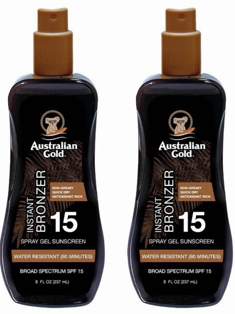 Australian Gold 2 Pack Spray Gel w Bronzer Sun Protection, Coconut Scent, SPF 15